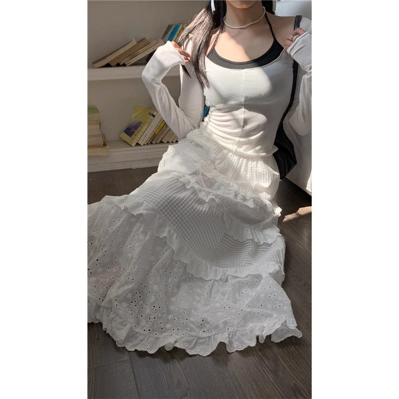 Solid Color Elastic Waist Lace Patchwork A-Line Maxi Skirt