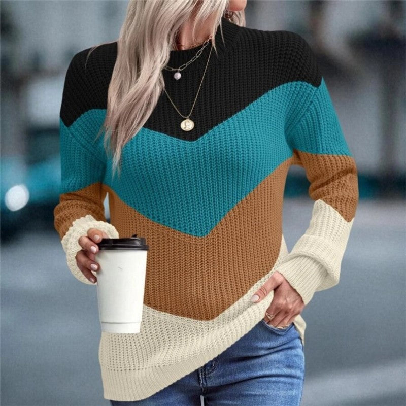 Loose Fit Color Block Round Neck Knit Sweater