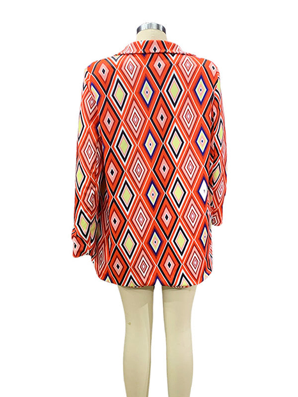 Long Sleeves Loose Buttoned Pockets Printed Notched Collar Blazer Top + Shorts Bottom Two Pieces Set