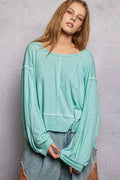 Round Neck Long Sleeve Exposed Seam Top with Chest Pocket