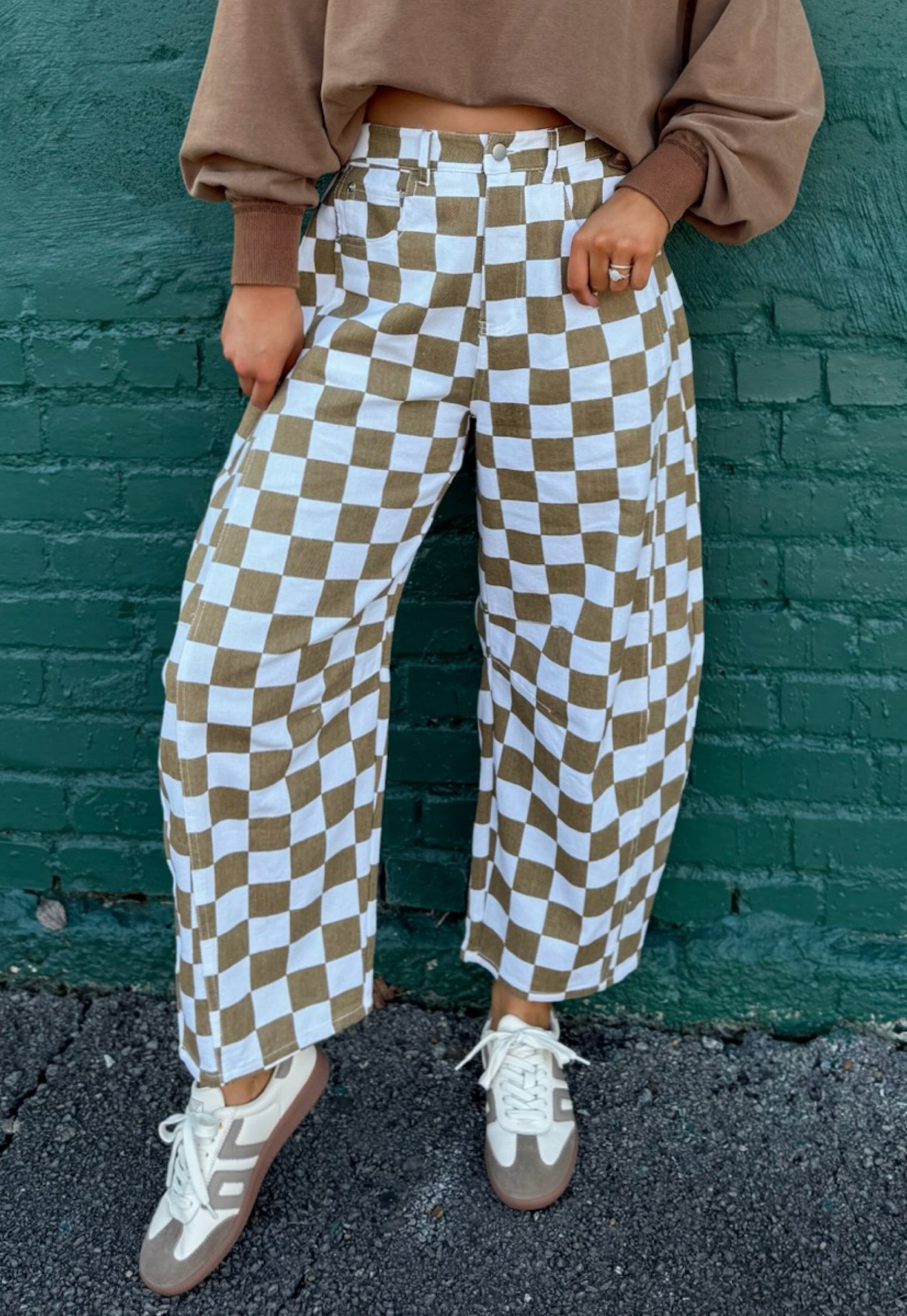 White Checkered Print Denim Barrel Pants