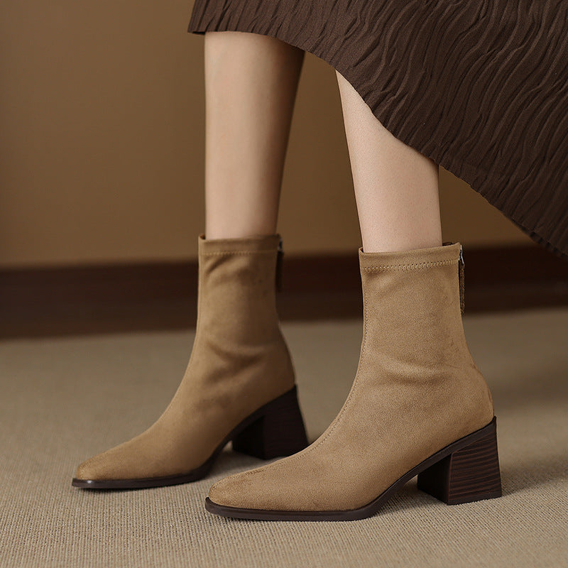 Women's Suede Square Toe Chunky Heel Boots