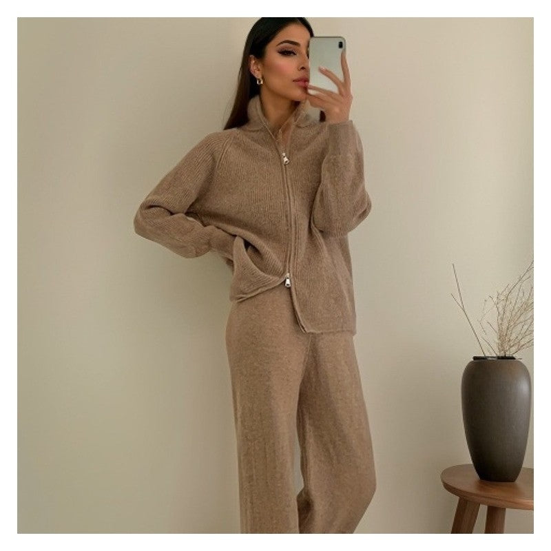 Knit Zip-Up Lapel Sweater and Wide-Leg Pants Set