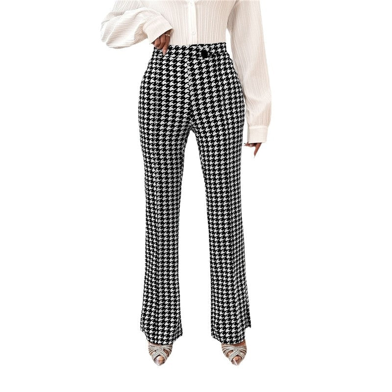 Houndstooth Pattern High-Waisted Bell Bottom Trousers