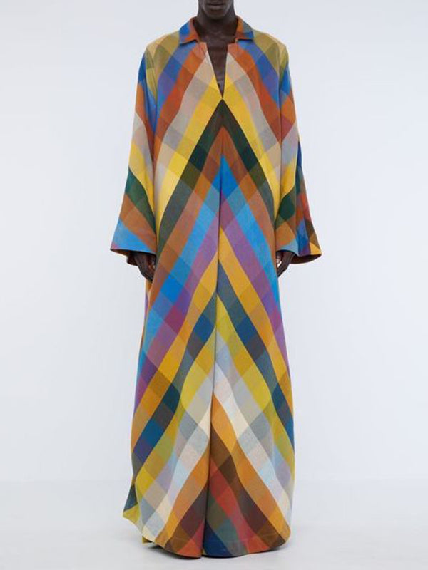 Long Sleeve Loose Contrast Color Split-Side V-Neck Maxi Dress