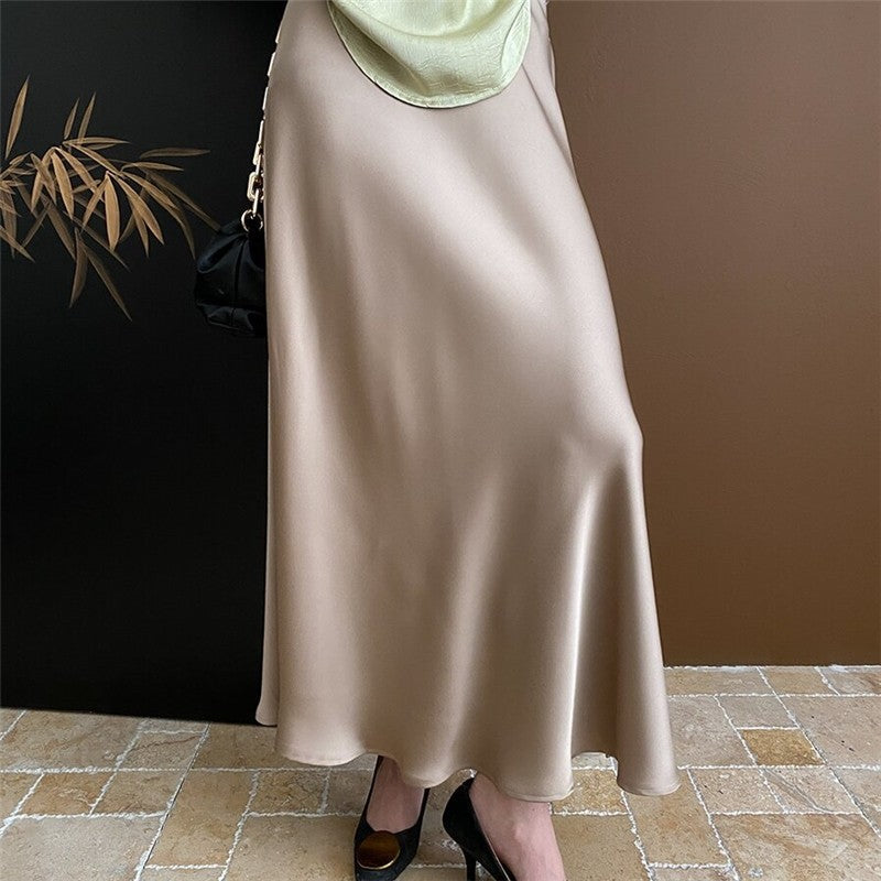 High-Waisted Satin Mermaid Midi Skirt with Draped Slit