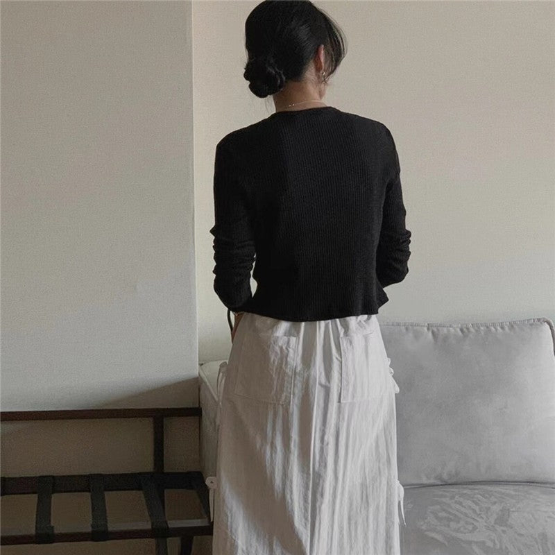 Solid Color Bow Tie Waist Midi Skirt