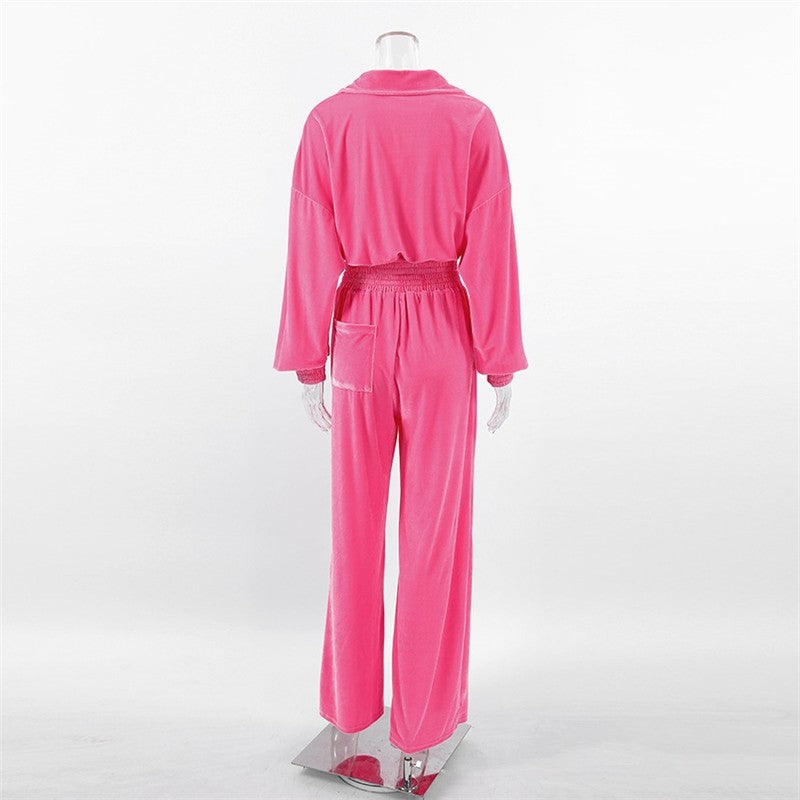 Velvet Drawstring Hoodie and Wide Leg Pants Sports Casual Suit