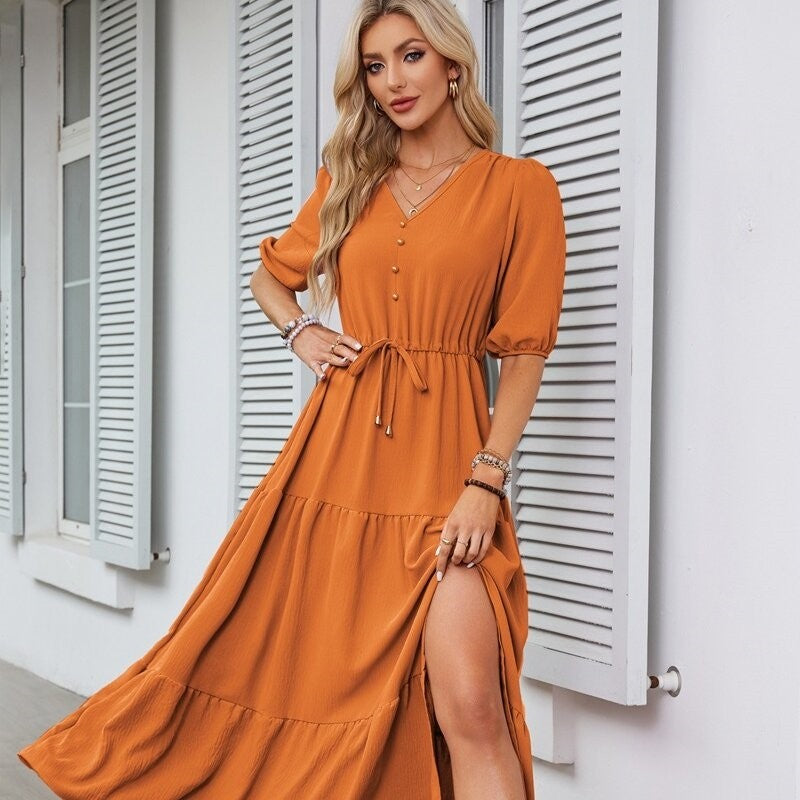 Vibrant V-Neck Drawstring Dress with Split Short Sleeves