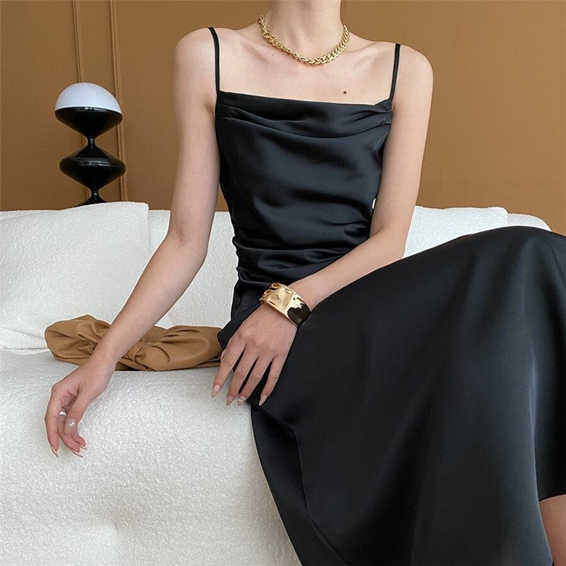 Solid Color Satin Waistband Sling Dress with Figure-Flattering Silhouette