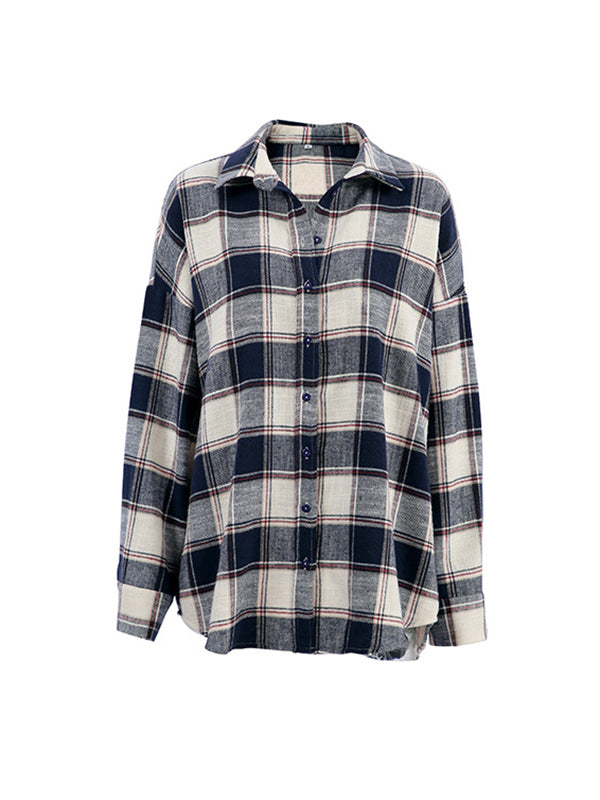 Long Sleeves Loose Plaid Split-Joint Lapel Blouses&Shirts Tops