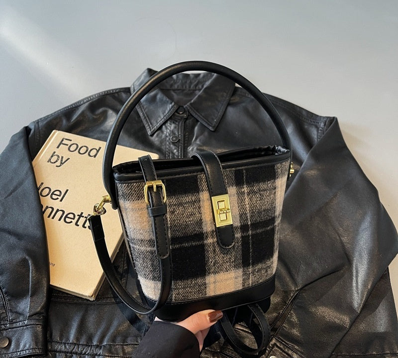 Vintage Plaid Suede Tote Bucket Bag - Korean Style Shoulder Handbag for Women