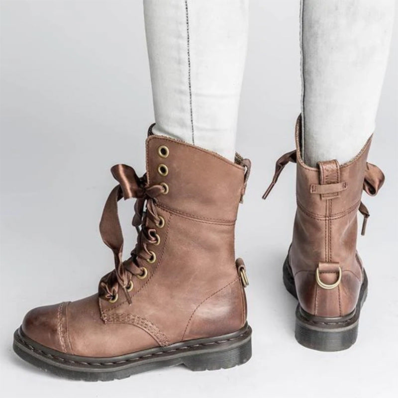 Women's British-Style Lace-Up Ankle Boots | Round Toe Flat Boots