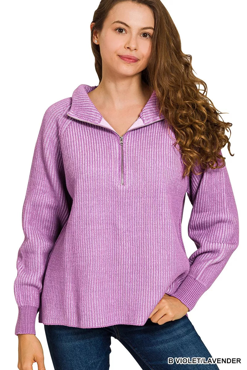 Ribbed Two Tone Half Zip Sweater