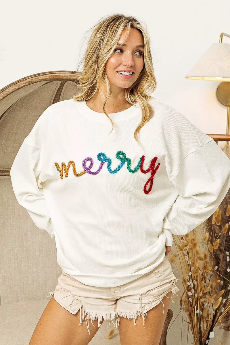Merry Tinsel Lettering Drop Shoulder Sweatshirt