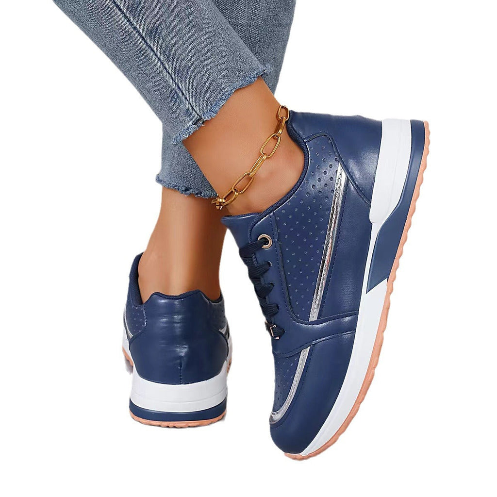Women's Color-block Lace-up Mid-cut Shoes | Synthetic Leather Upper | Mid Heel | Casual Style
