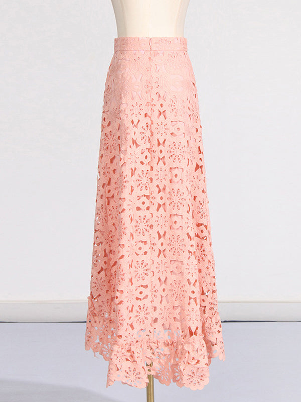 Flower Print Hollow Jacquard Solid Color Round-Neck Vest Top + Ruffle Trim Bodycon High-Low Skirts Bottom Two Pieces Set