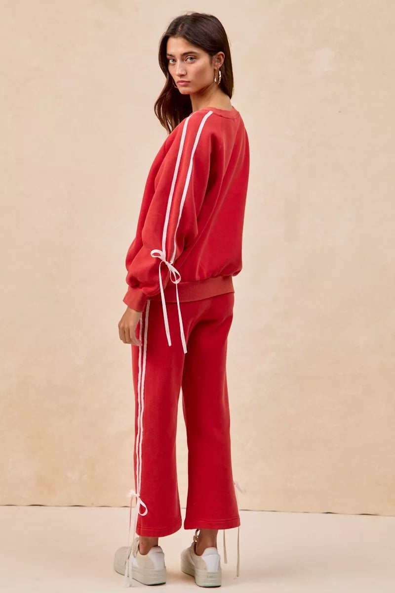 Side Lined Bow Details Fleece Sweatshirt