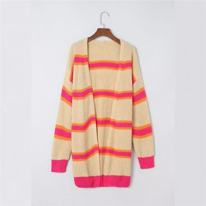 Knitted Color Block Striped Long Cardigan