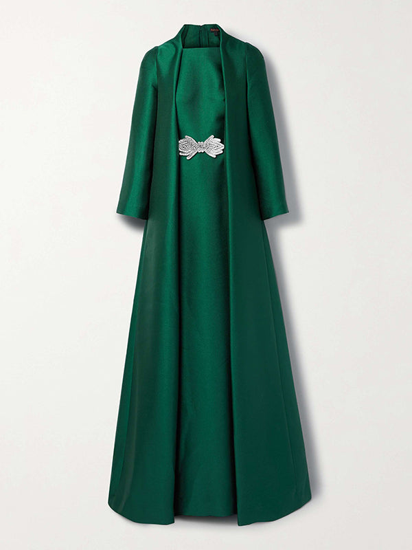 Loose Fit Long Sleeve Embroidered Evening Dress in Solid Color