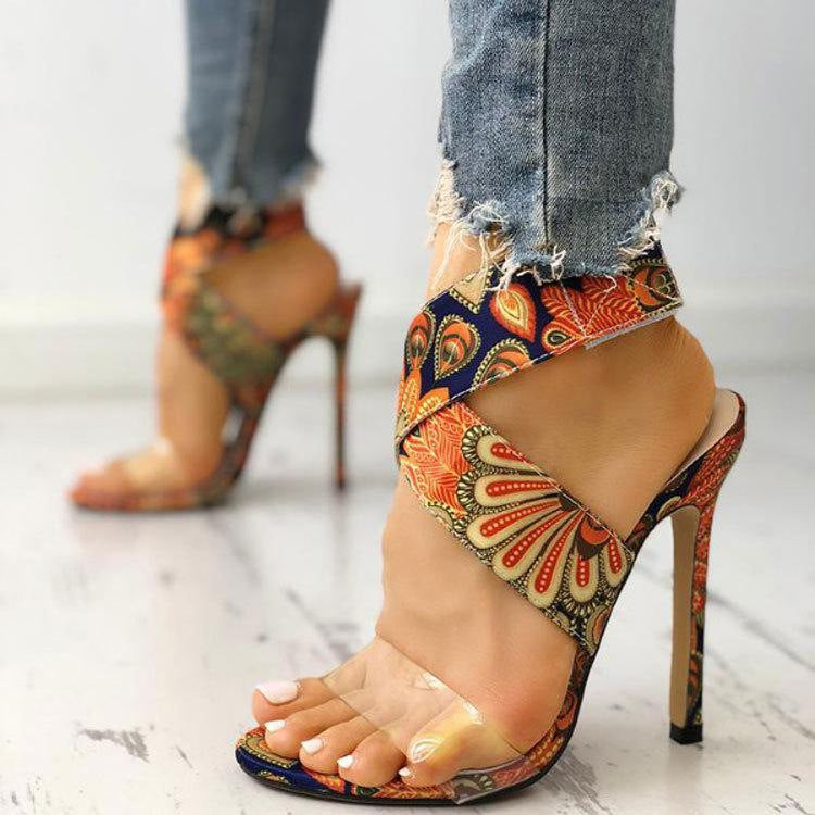 Fashionable Printed Stiletto Heel Plus-Size Women's Sandals - Stylish Round Toe Stiletto Heels