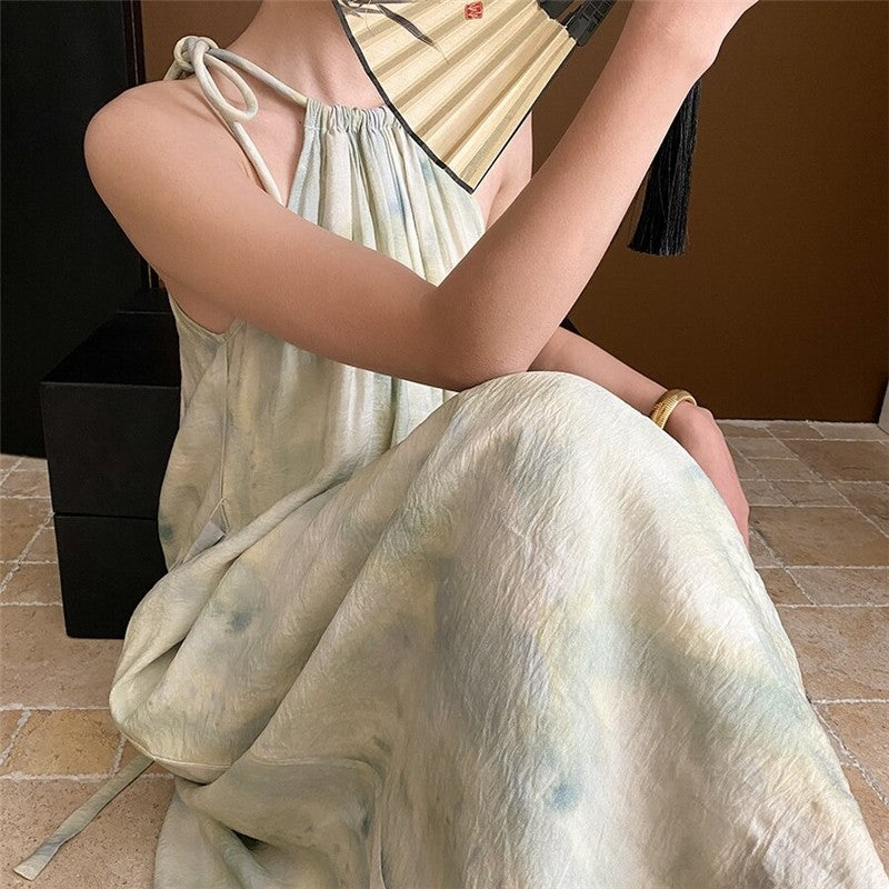 Traditional Chinese Ink Painting Inspired Gradient Drawstring Halterneck Dress