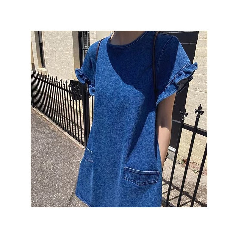 Fashionable Denim Dress with Frilled Cuffs and Pockets