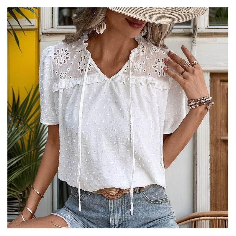 White V-Neck Embroidered Fashion Shirt