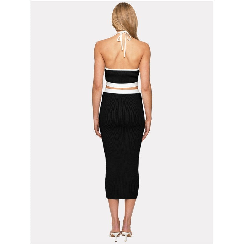 Contrast Color Sleeveless Halterneck Backless Hollow Bodycon Maxi Dress