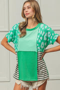 Leopard and Stripe Color Block Top With Exposed Seam
