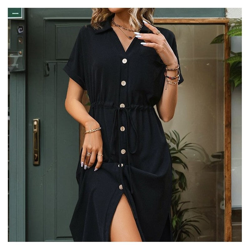 Casual Black V-Neck Shirt Dress