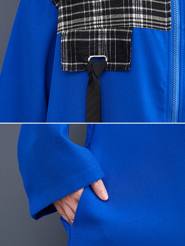Original Long Sleeves Loose Contrast Color Plaid Split-Joint Zipper Stand Collar Outerwear