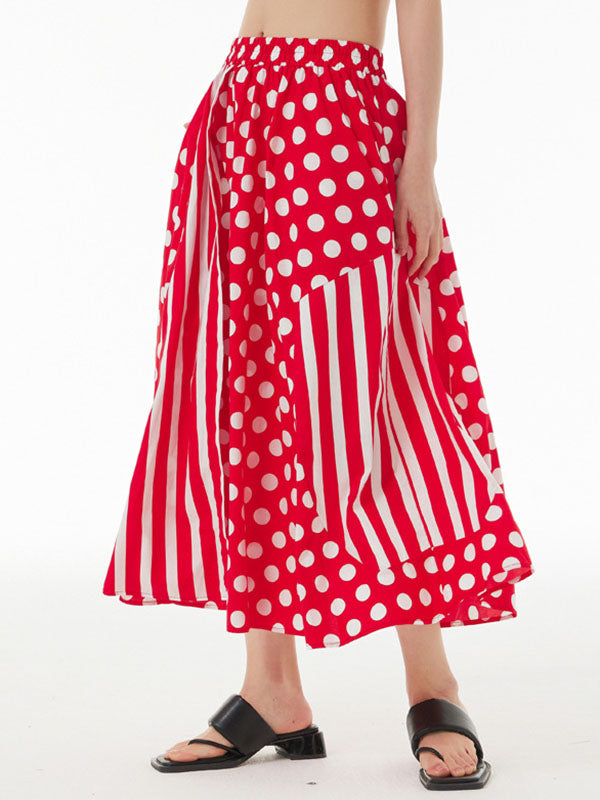 High Waisted Loose Polka-Dot Split-Joint Striped Skirts Bottoms