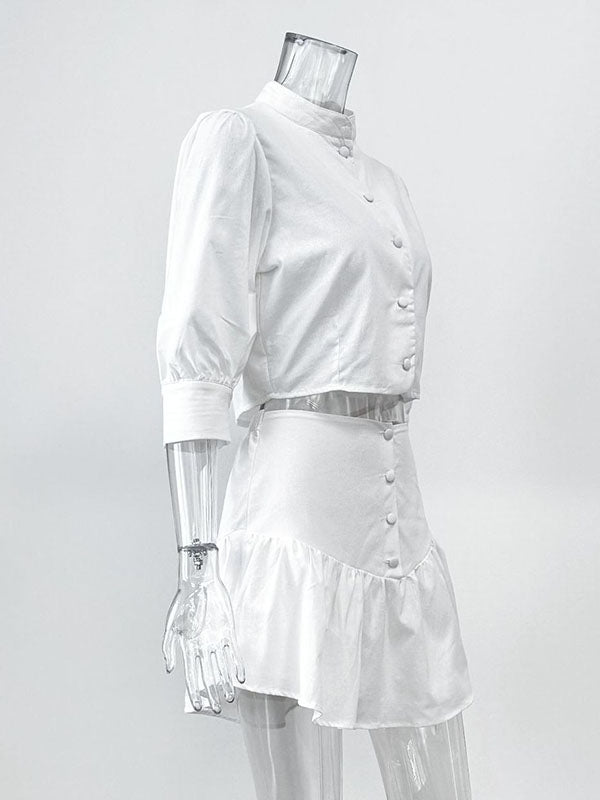Half Sleeves Loose Buttoned Pleated Solid Color Split-Joint Stand Collar Blouses Top +  Skirts Bottom Two Pieces Set