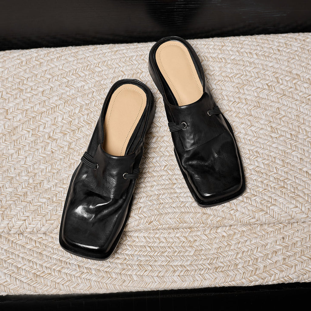 Women's Square Toe Leather Mule Slides | Full-Grain Calfskin Slip-On Low Heel