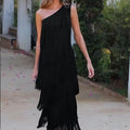 Fringe-Trimmed Asymmetric One-Shoulder Dress