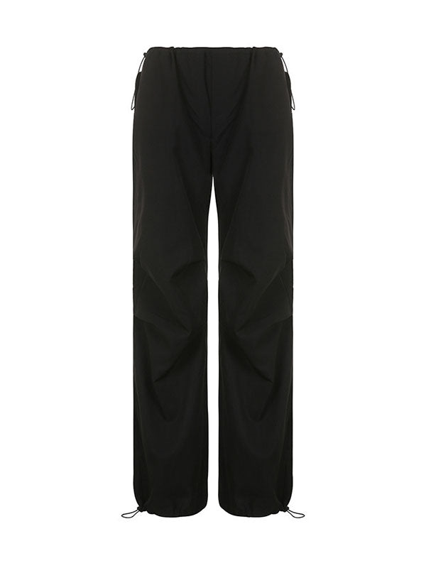 High Waisted Loose Drawstring Pleated Solid Color Pants Trousers