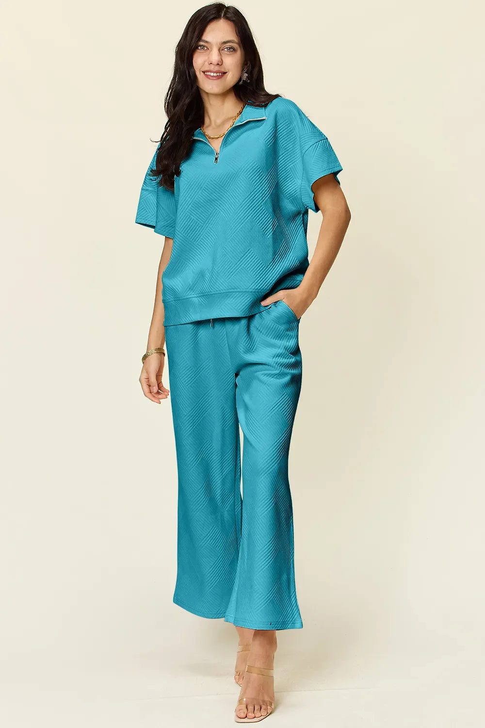 I am a Fashion Junky Full Size Texture Half Zip Short Sleeve Top and Pants Set