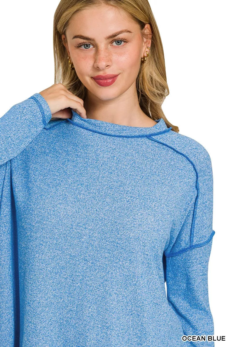Full Size Melange Hacci Exposed Seam Hi-low Tee Plus Size