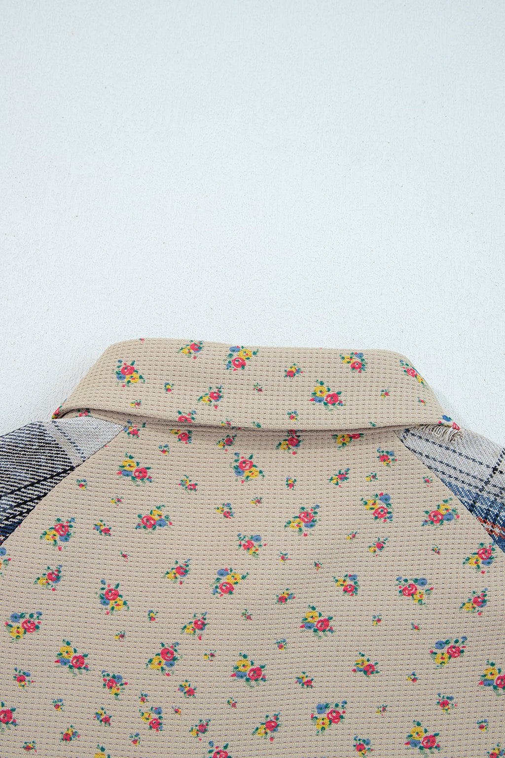 Boho Floral Plaid Patchwork Distressed Detail Ruffled Sleeve Waffle Knit Shacket