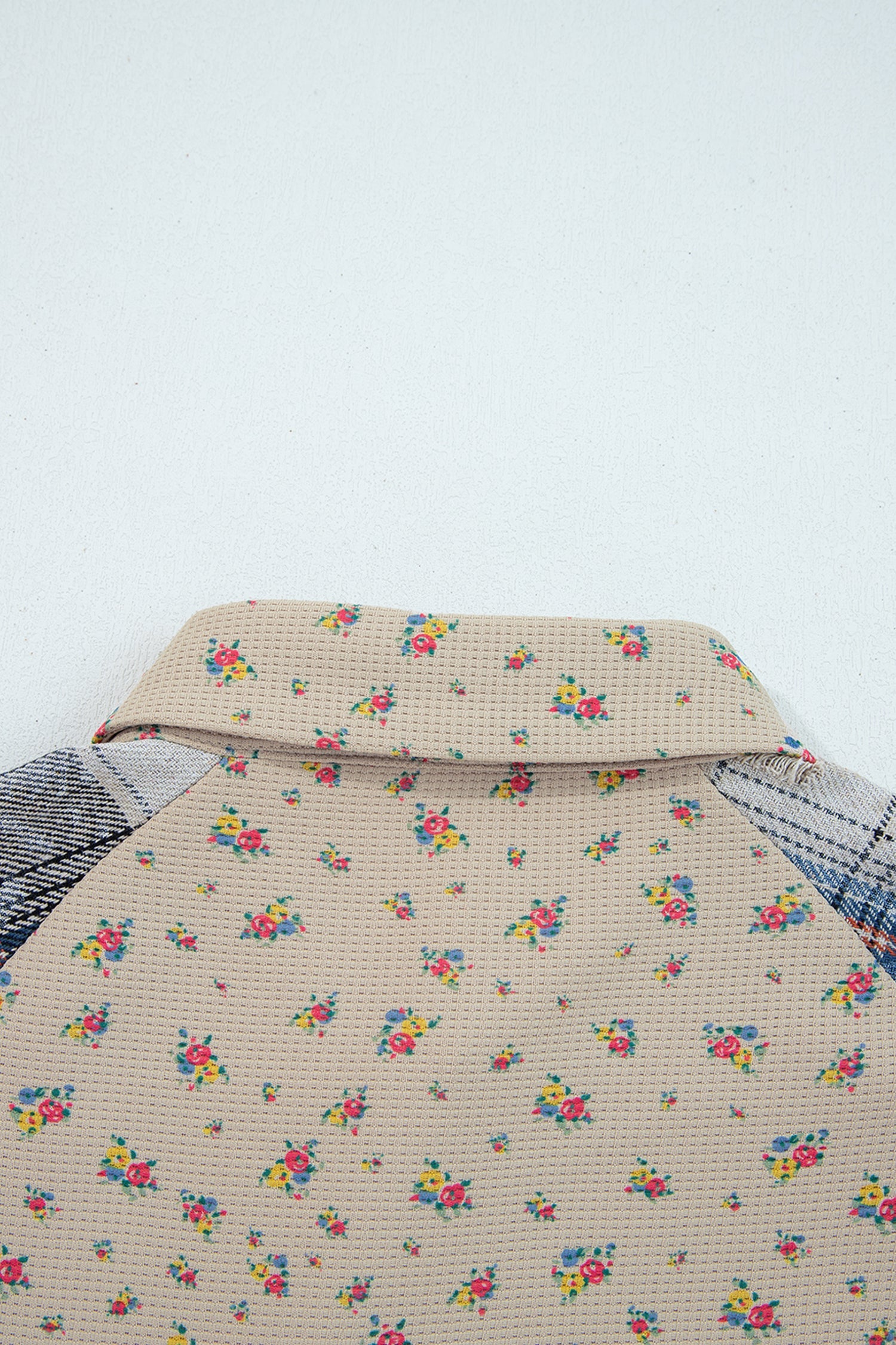 Boho Floral Plaid Patchwork Distressed Detail Ruffled Sleeve Waffle Knit Shacket