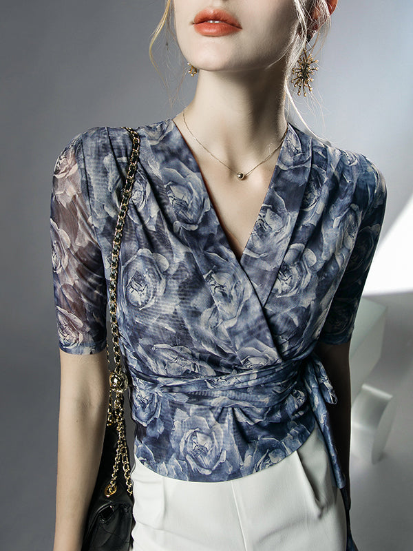 Half Sleeves Plus Size Flower Print Mesh Tied V-Neck Blouses&Shirts Tops