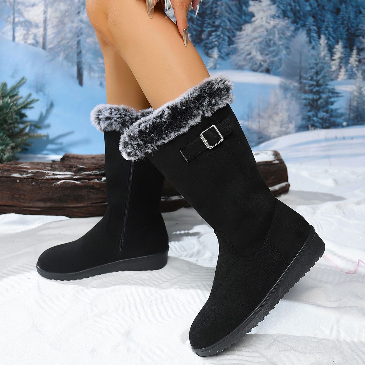 Women's Winter Snow Boots | Chunky Sole Furry Warm Flat Boots with Button Detail | Black & Gray