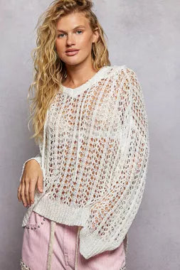 Openwork Round Neck High Low Knit Top