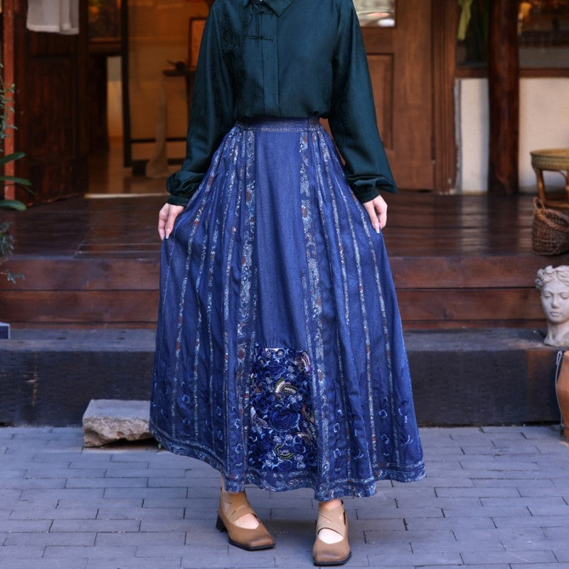Vintage Denim Midi Skirt with Intricate Embroidery