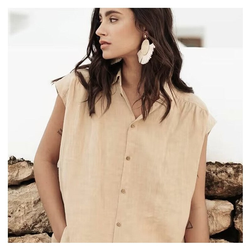 Sleek Linen Sleeveless Solid Color Blouse