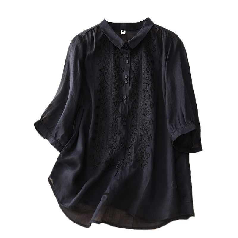 Solid Color Lapel Three-Quarter Sleeve Embroidery Retro Blouse