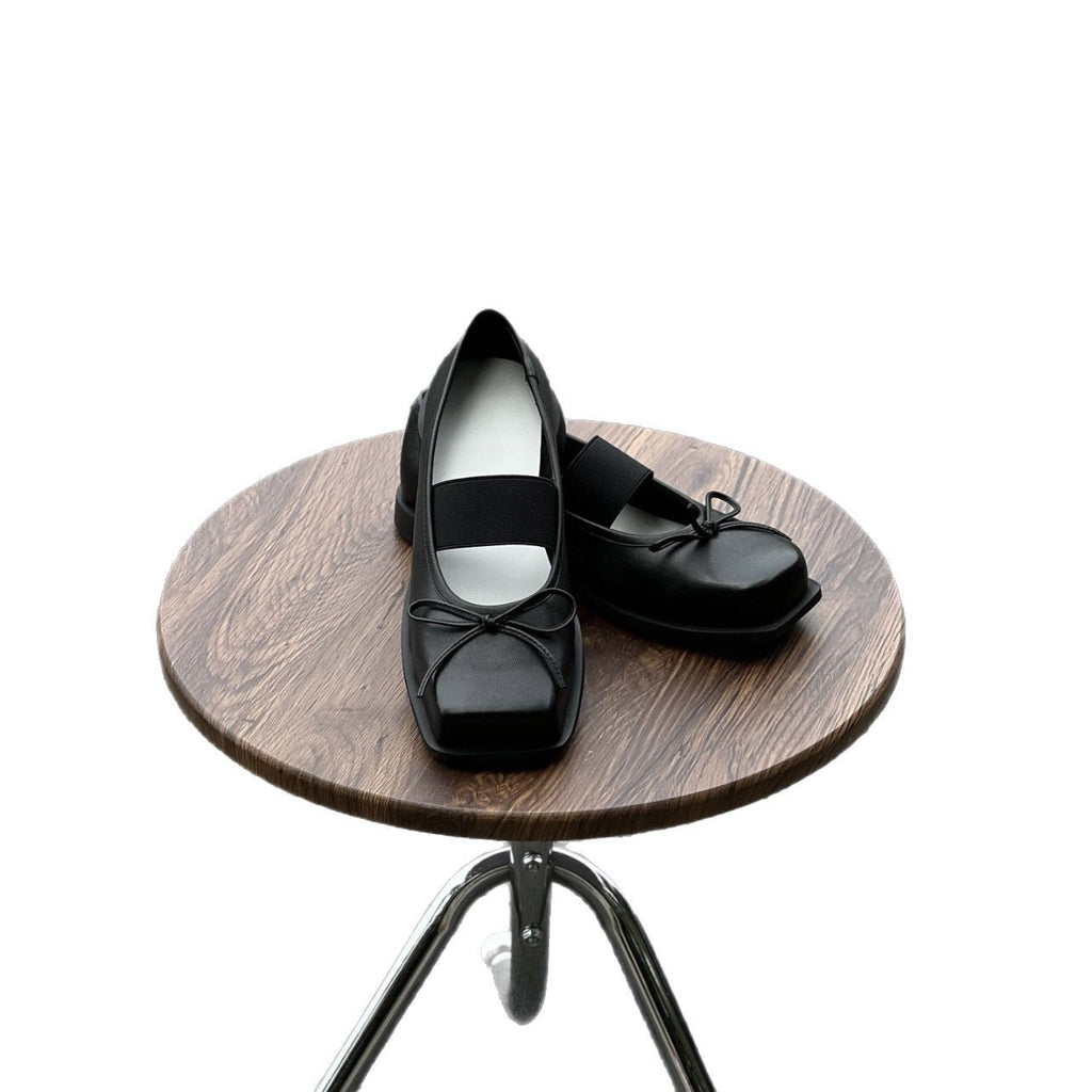 Women's Bow-Knot Genuine Leather Ballet Flats - Chunky Heel Mary Jane Shoes