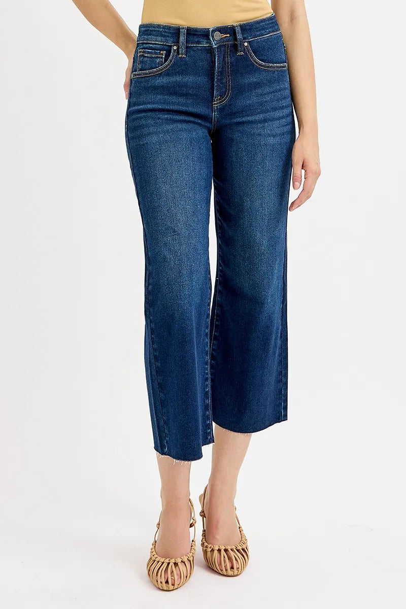 Full Size Tummy Control High Rise Crop Wide Jeans Plus Size