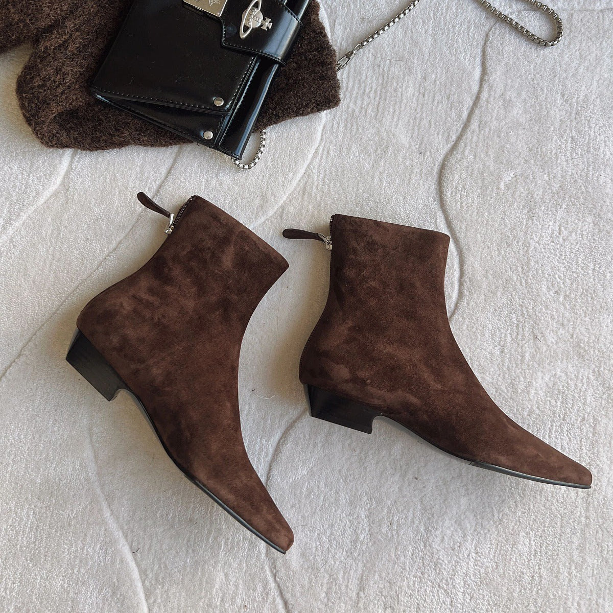 Women's Slim-Fit Ankle Boot | Square Toe Chunky Heel | Suede Upper Back Zipper